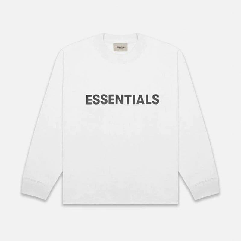 ESSENTIALS sweatshirt with minimalist design and bold black text, perfect for K-pop fans and streetwear fashion. A must-have piece for showcasing passion for K-pop merchandise and style.