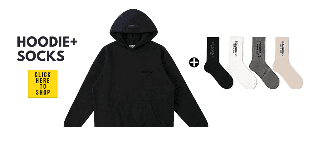 Hoodie and sock set, black hoodie with matching essential socks in black, white, gray, and beige, trendy K-pop merchandise for fans, casual streetwear style, perfect for K-pop concert outfits, fashionable and comfortable.