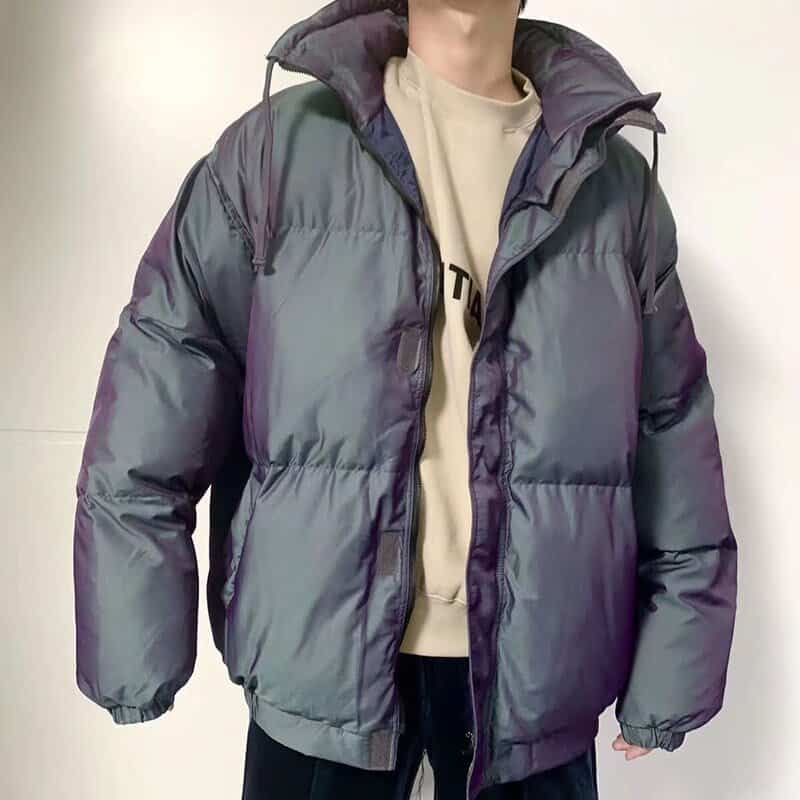 Warm puffer jacket with a glossy finish in dark shades, perfect for winter and outdoor wear cool trendy look for winter outfits in the latest kpop merch styles attractive winter fashion piece for fans and fashion enthusiasts twice kpop merch.