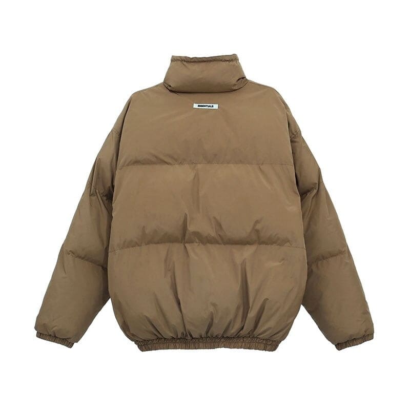 Puffer jacket with "TWICE" logo, brown, oversized, trendy K-pop merchandise.