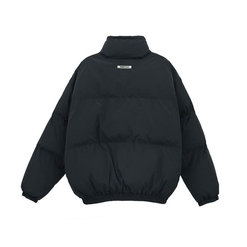 Plain black puffer jacket, trendy oversized design, perfect for K-pop fans, ideal for casual wear and concerts, also a popular K-pop merch item among fans.