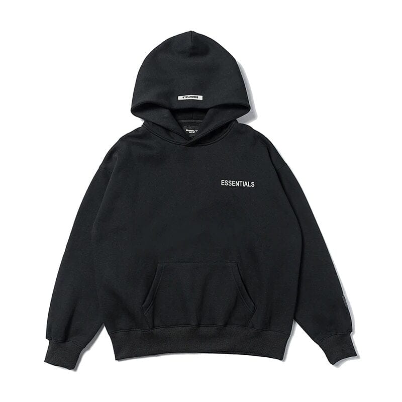 Black hoodie with "ESSENTIALS" text, unisex streetwear fashion sweatshirt, minimalist K-pop merch style, casual oversized hoodie for fans and collectors, comfortable unisex clothing for K-pop enthusiasts.