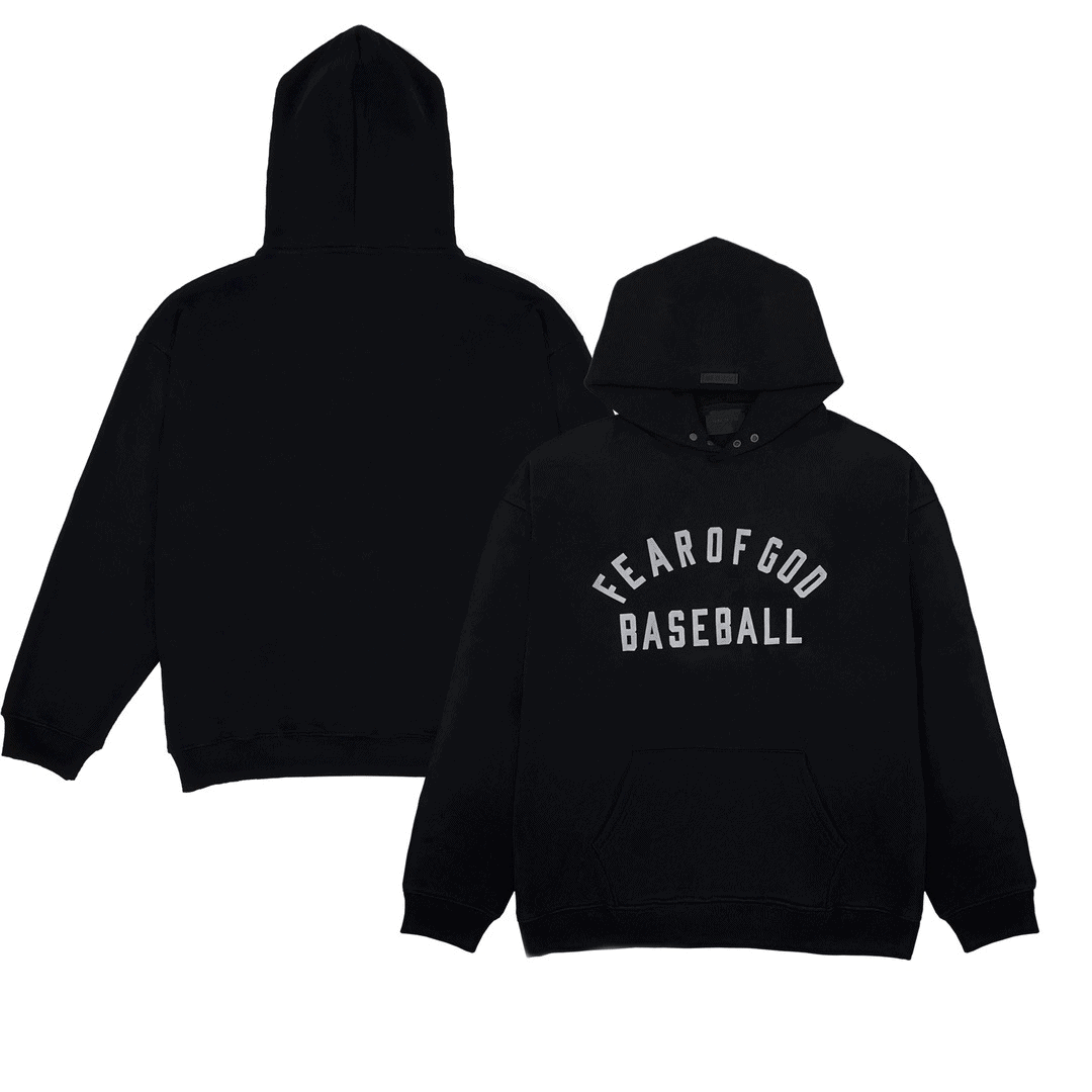 Fear of God baseball hoodie, black sweatshirt with hood and front pocket, oversized fit, casual streetwear. Perfect for K-pop fans and merchandise collectors.