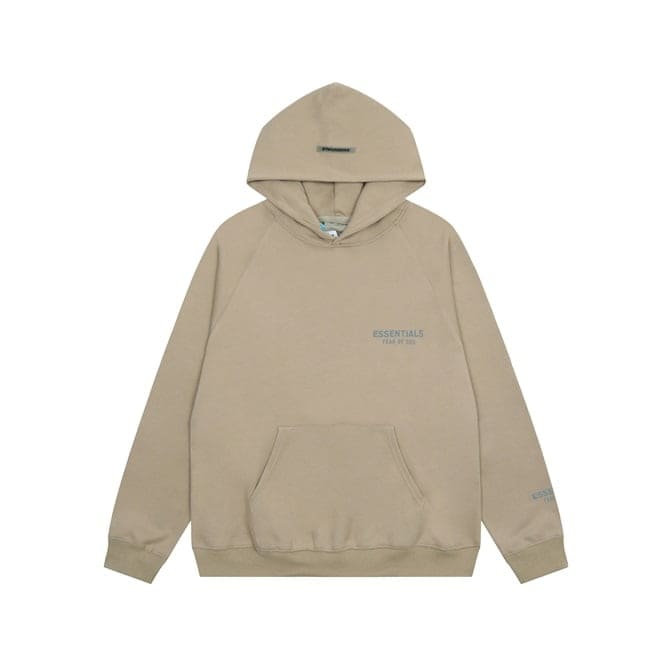 - beige hoodie with "ESSENTIALS" logo and minimal design, suitable for K-pop fans.