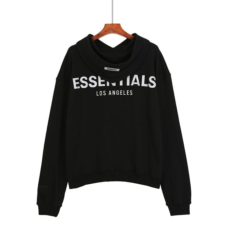 ESSENTIALS Los Angeles black hoodie, casual streetwear fashion, comfortable sweatshirt with white text design, perfect for everyday wear or K-pop merch fans.