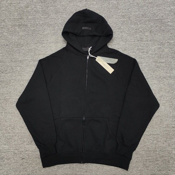 Black hoodie with zipper and front pocket, perfect for K-pop merchandise fans, casual and stylish streetwear essential.