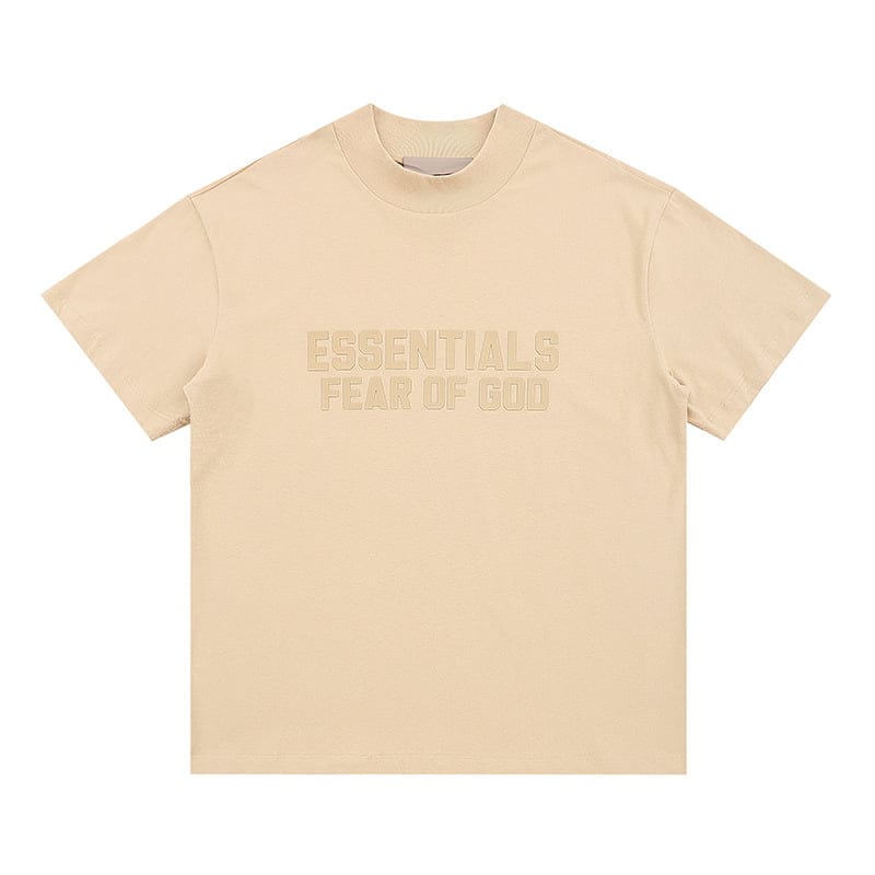 Essentials fear of god beige t-shirt, K-pop merchandise, streetwear casual top, unisex fashion, minimalistic design, popular among K-pop fans and fashion enthusiasts.