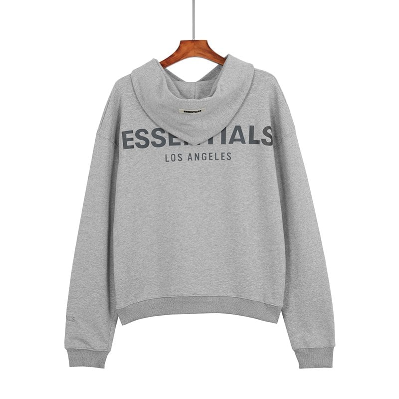 ESSENTIALS Los Angeles grey hoodie with oversized fit and printed logo, perfect for cozy K-pop merch style.