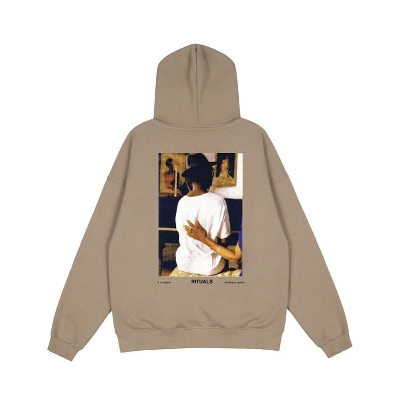 Rituals K-pop hoodie with a photographic print of a woman in a black hat, beige background, oversized fit, perfect for K-pop merch fans and collectors of twin K-pop merchandise.