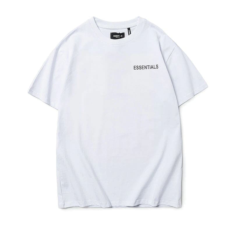 ESSENTIALS white oversized t-shirt with minimalist black text design, perfect for casual kpop merchandise fans.
