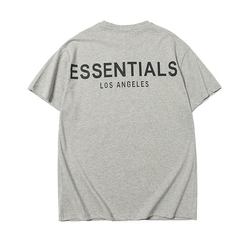 ESSENTIALS Los Angeles grey t-shirt with black text, casual streetwear style, perfect for K-pop fans who love trendy merch.