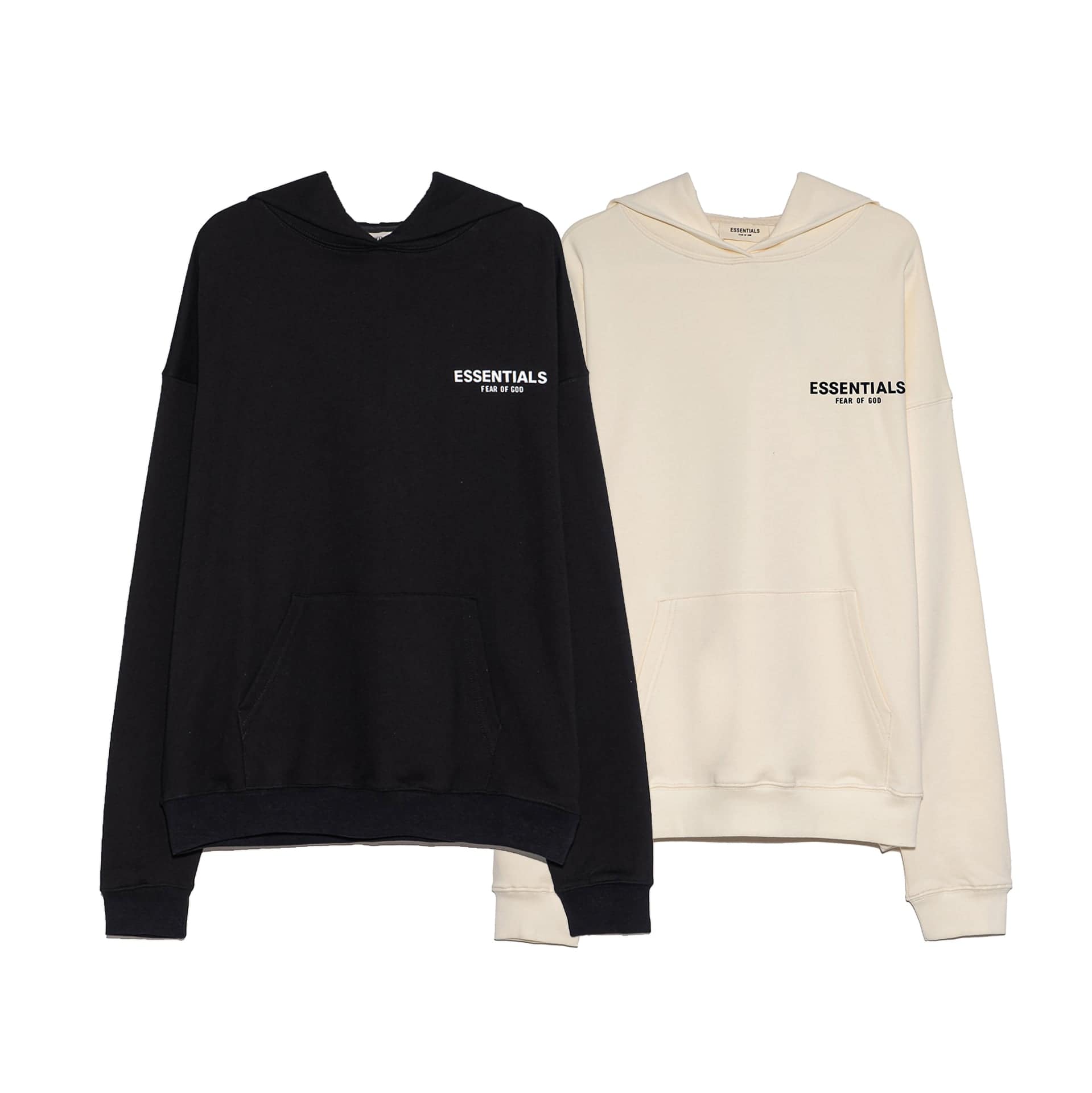 Black and beige hooded sweatshirts with "ESSENTIALS" branding, perfect for K-pop fans. These stylish pieces feature a comfortable fit and minimalist design, ideal for everyday wear or concert outings.