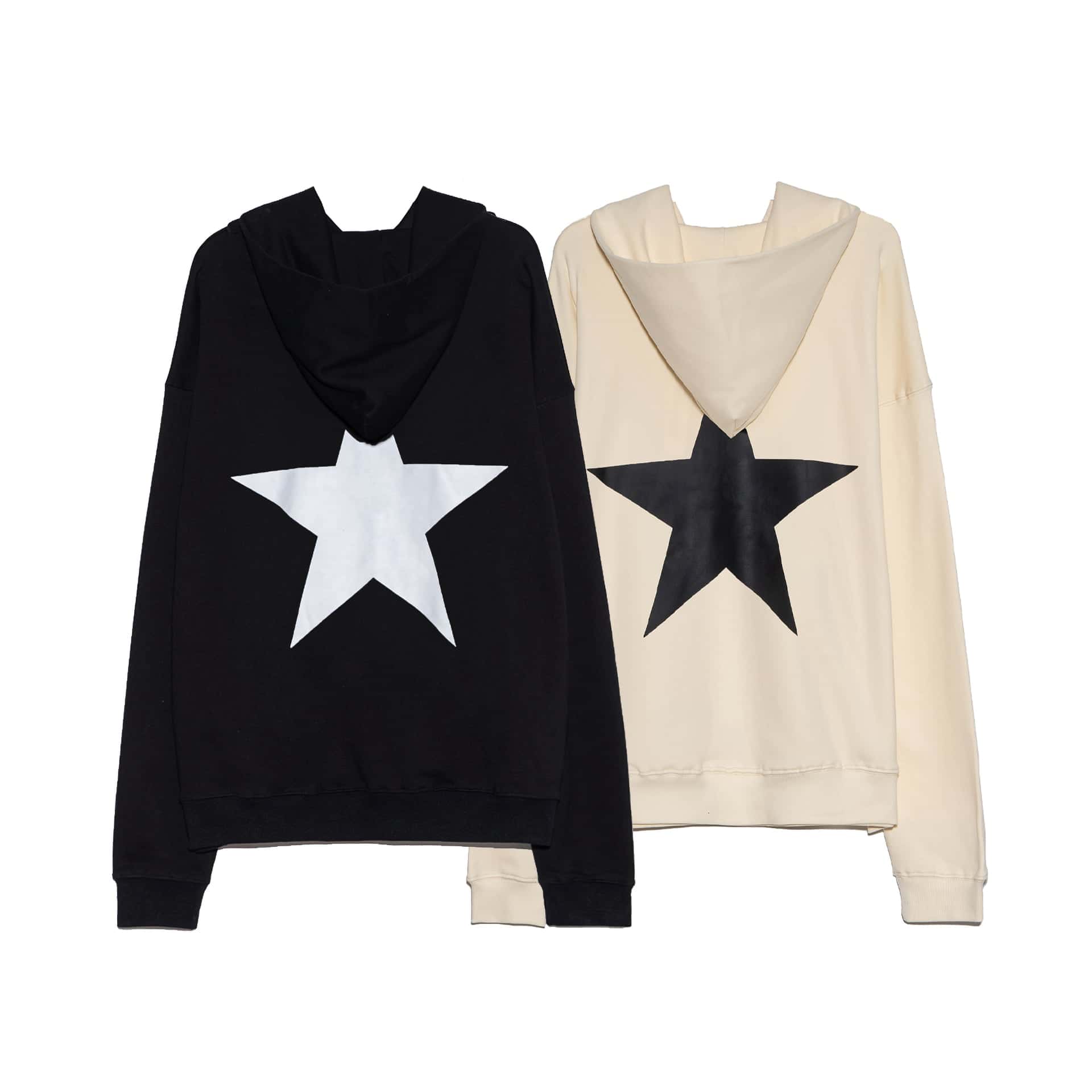Black and cream star print hoodies, unisex casual streetwear, perfect for K-pop fans and merchandise collectors.