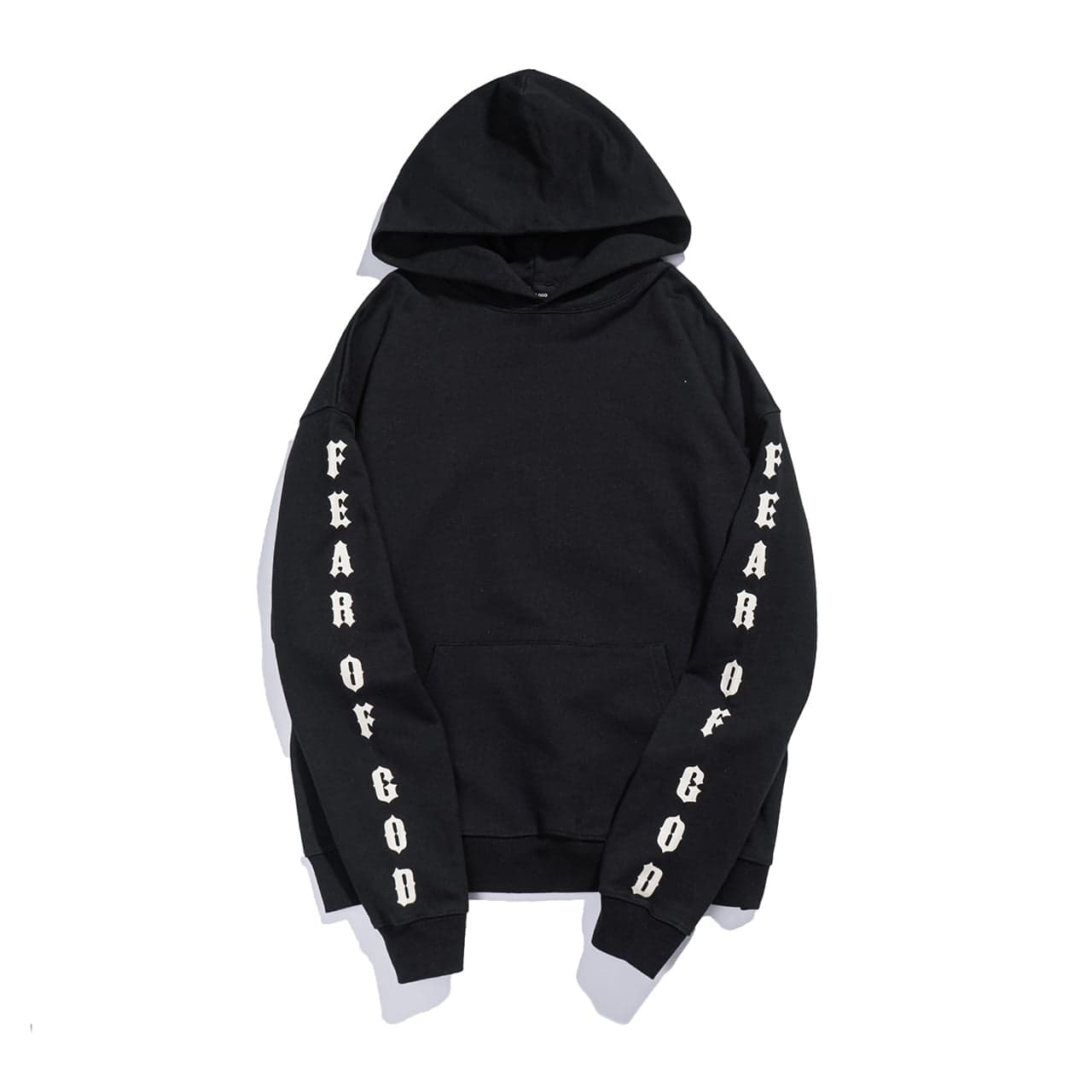 Black hoodie with "FEAR OF GOD" printed on the sleeves, designed for K-pop merchandise fans. Perfect for stylish everyday wear or concert occasions.