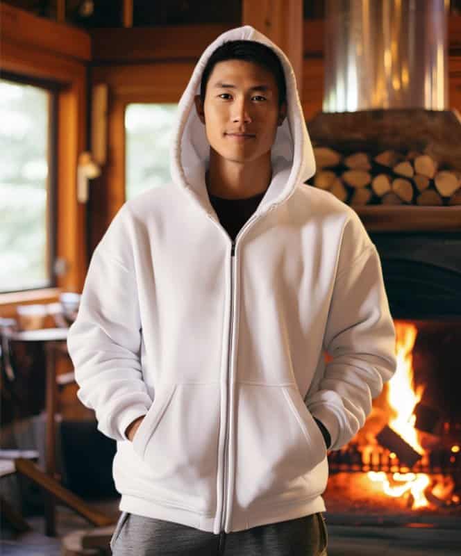 Teens wearing white hoodie, cozy indoor setting, modern casual fashion, young man in warm apparel, comfortable streetwear style, fireplace background, leisure clothing, stylish hoodie for teens, casual everyday outfit, comfortable hoodie for cooler weather.