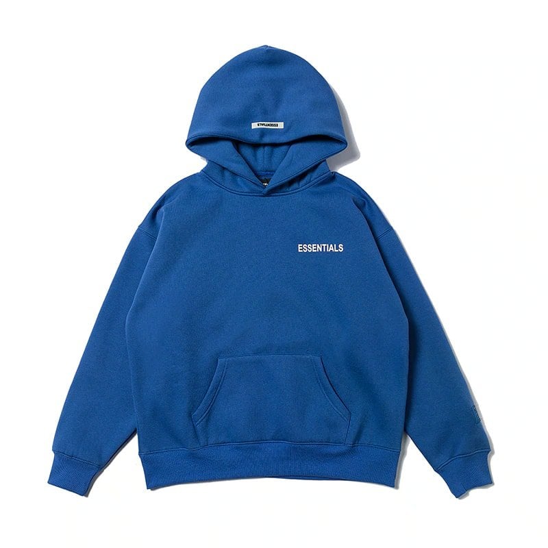 Blue hoodie with "essentials" logo, oversized style, streetwear fashion, unisex casual wear, comfortable hoodie for everyday use.