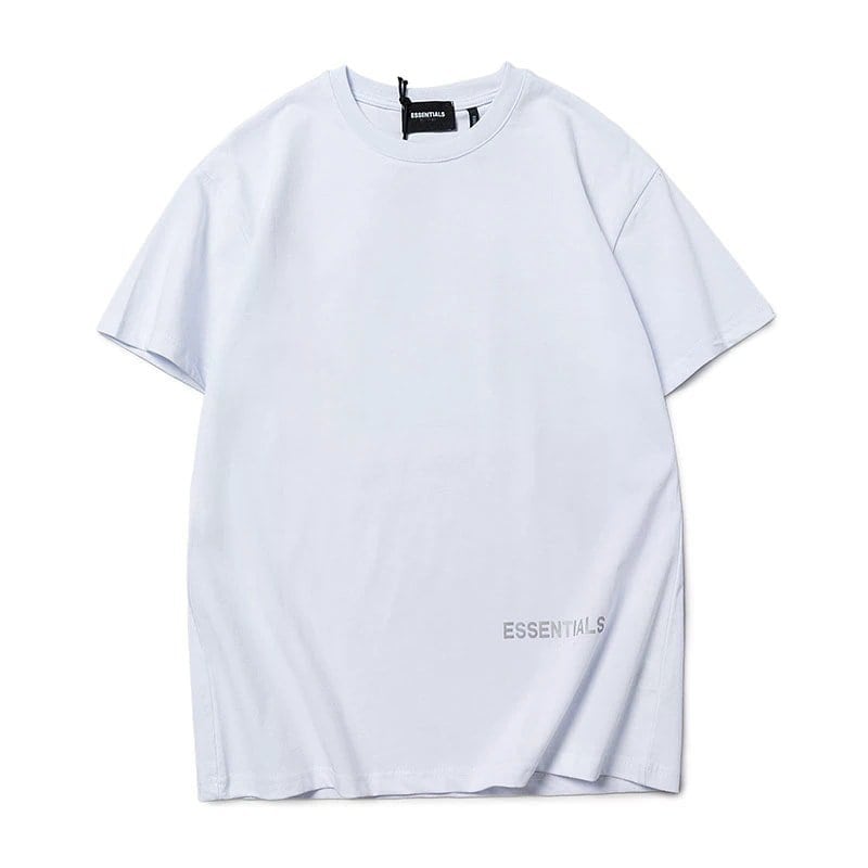 White basic t-shirt with "ESSENTIALS" text printed on the bottom right corner, minimalistic design, casual unisex style, perfect for KPOP merchandise fans.