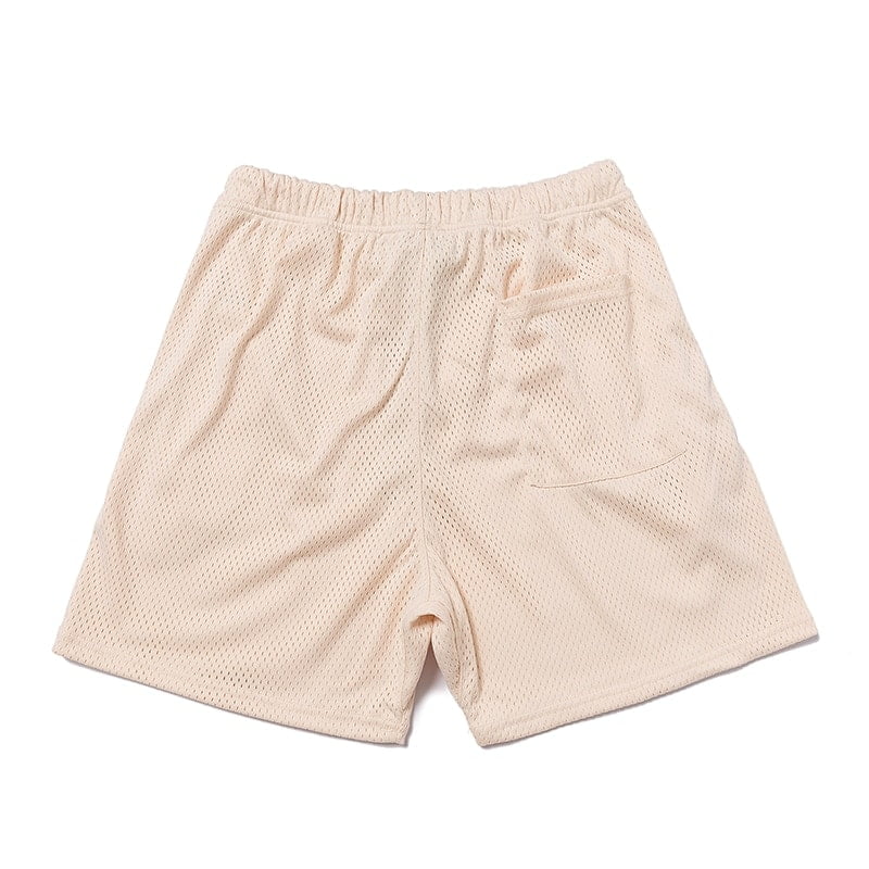 Mesh shorts, K-pop merchandise, Beige basketball shorts, breathable mesh fabric, casual athletic wear, K-pop style shorts, comfortable sportswear, trendy music merchandise, concert clothing, fan apparel.