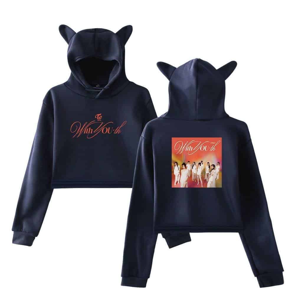 Ultra-soft black hoodies featuring BTS TWICE K-pop merch, with cute animal ear details on the hoods and vibrant group images on the back for fans and collectors.