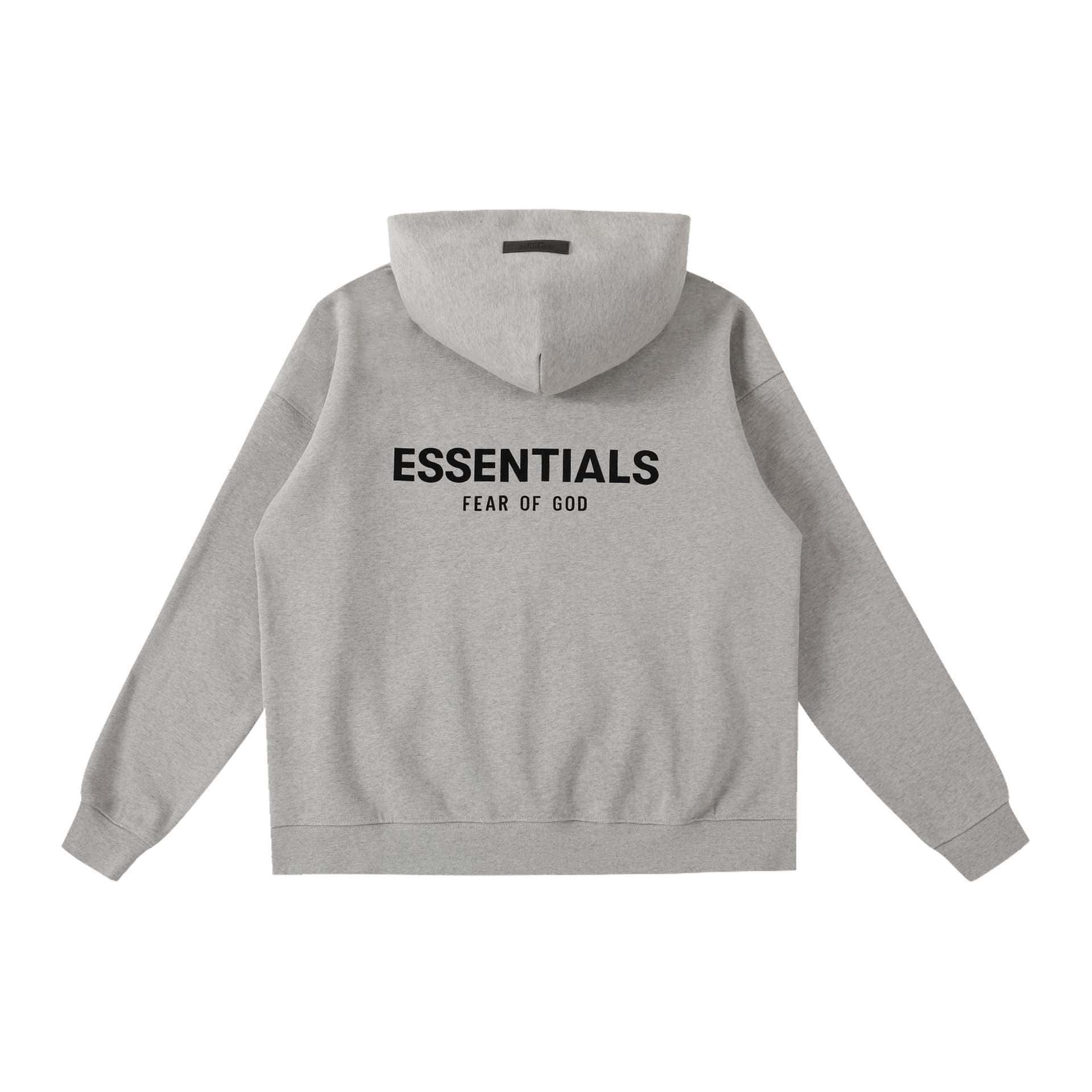 Comfy grey hoodie with "ESSENTIALS FEAR OF GOD" logo in black, stylish streetwear, perfect for K-pop merchandise fans and casual outfits, featuring a relaxed fit and a drawstring hood.