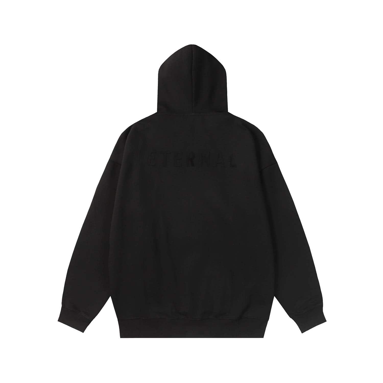 Black hoodie with "ETERNAL" branding, oversized fit, casual streetwear style, perfect for K-pop fans, high-quality fabric, minimalist design for K-pop merchandise enthusiasts.