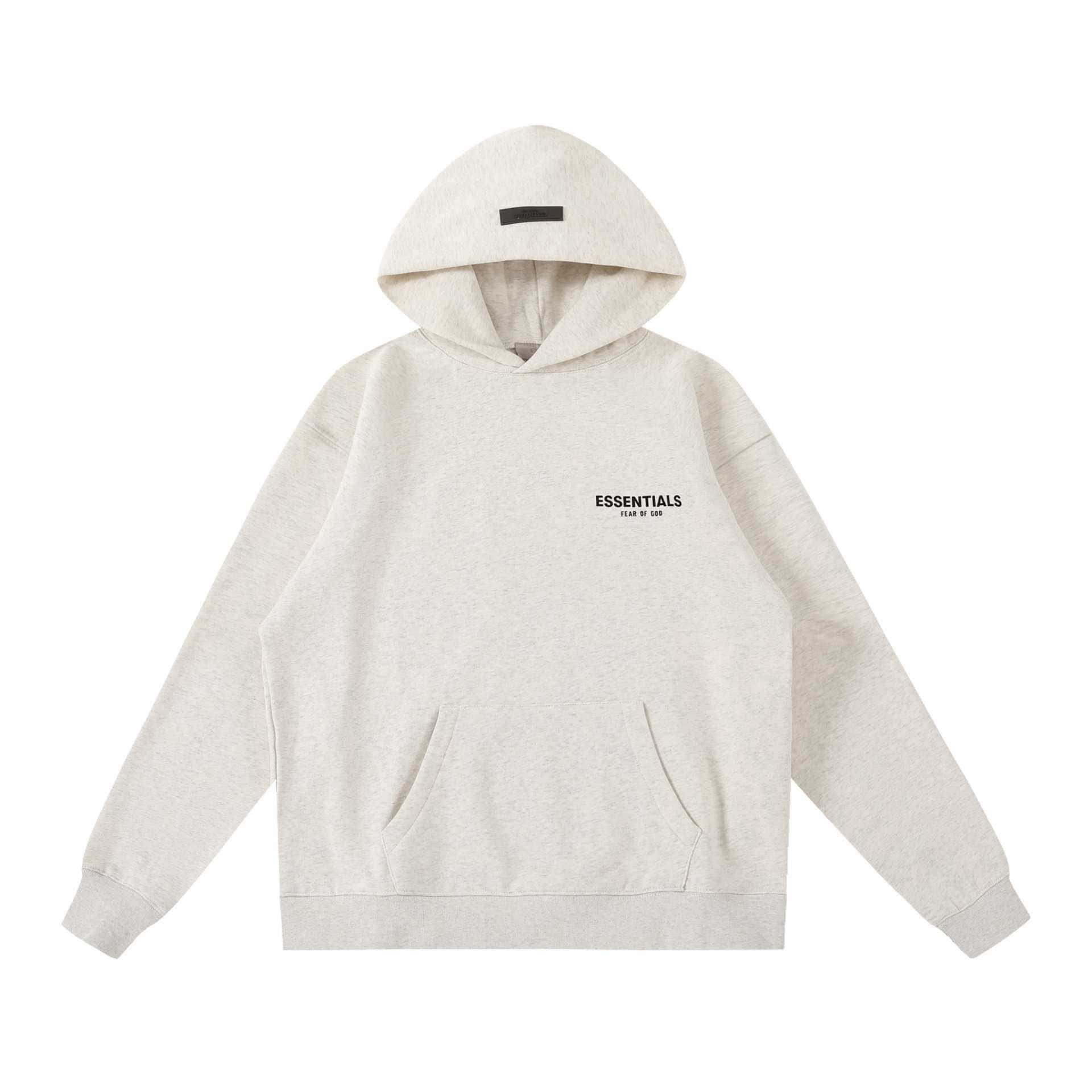Comfy white hoodie with "ESSENTIALS FEAR OF GOD" text, perfect for K-pop merch fans and streetwear style dyed in soft fabric, relaxed fit, versatile clothing piece for casual looks.