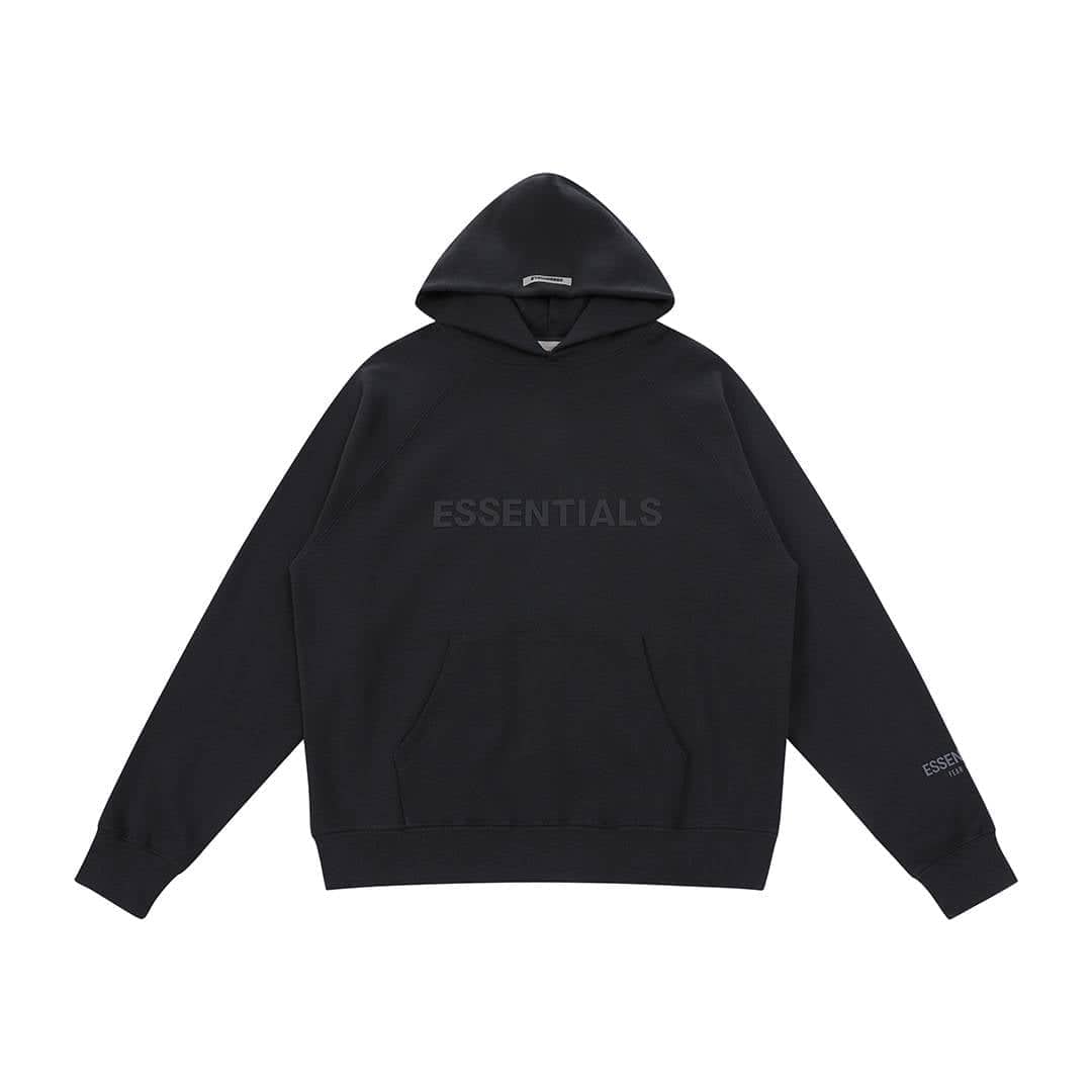 Hoodie with "ESSENTIALS" text in black, versatile K-pop merchandise piece.