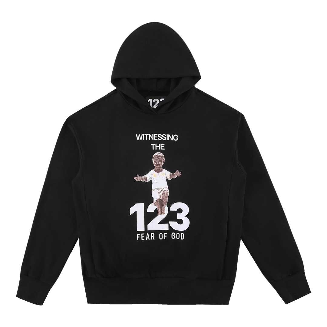 Wrestling The 123 Fear Of God hoodie with graphic print and a child figure, black color, streetwear style, oversized fit, popular K-pop merchandise, trendy and stylish.