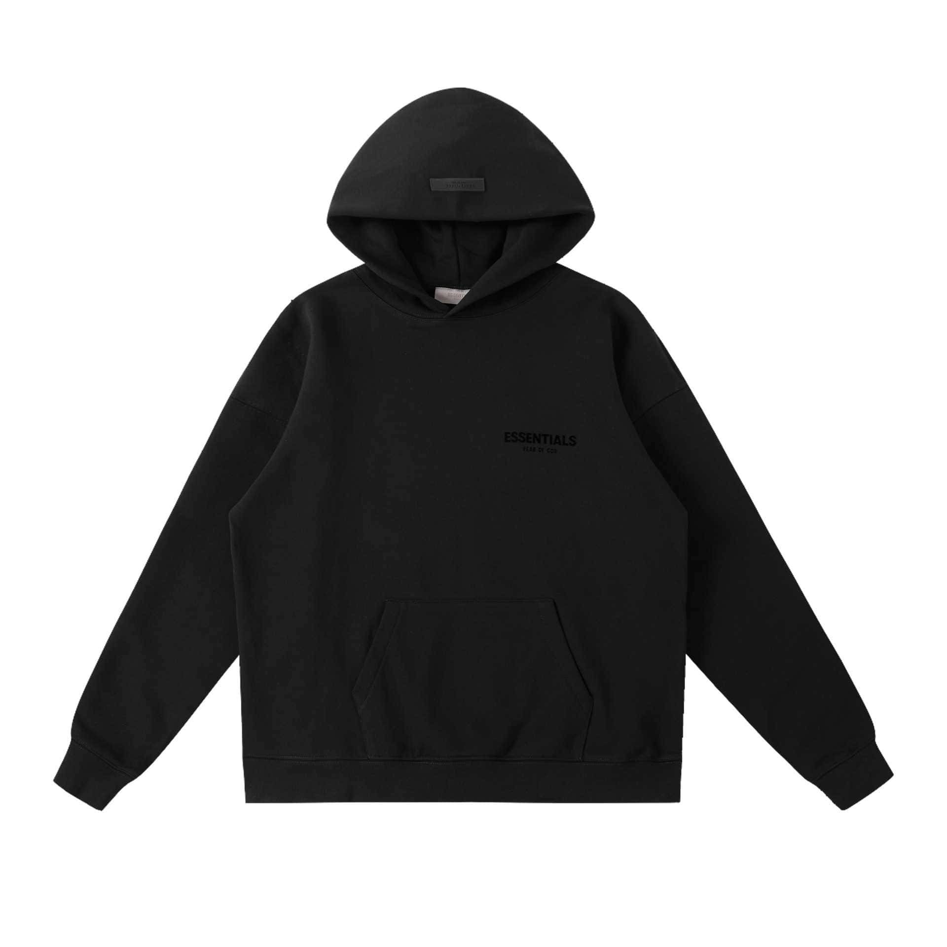 A black hoodie featuring minimal design, with "ESSENTIALS" text on the chest, designed for K-pop merchandise fans. Perfect for casual wear and showing support for K-pop idols.