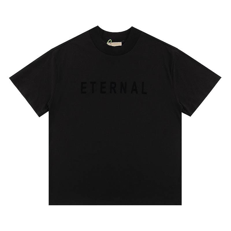 ETERNAL black graphic Korean pop band T-shirt, popular K-pop merch item, unisex casual wear, soft cotton fabric, minimalist style, graphic tee for fans, trendy K-pop fashion, concert or everyday wear.