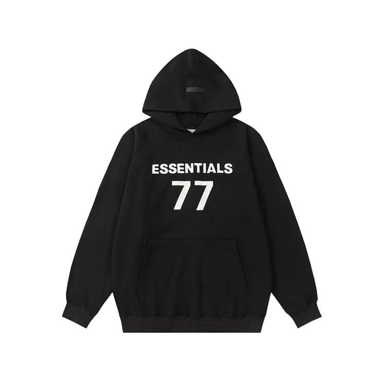 - Hooded sweatshirt with "ESSENTIALS 77" printed on the front, in black color, featuring a relaxed fit and classic pullover style, perfect for casual K-pop merchandise fans.