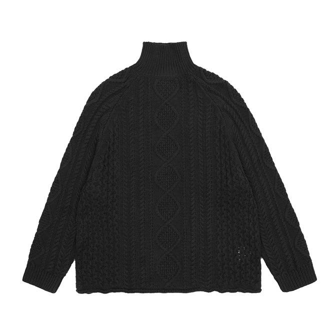 Knit sweater, black, thick and cozy, cable knit pattern, high neck, casual style, suitable for winter, trendy K-pop merchandise.