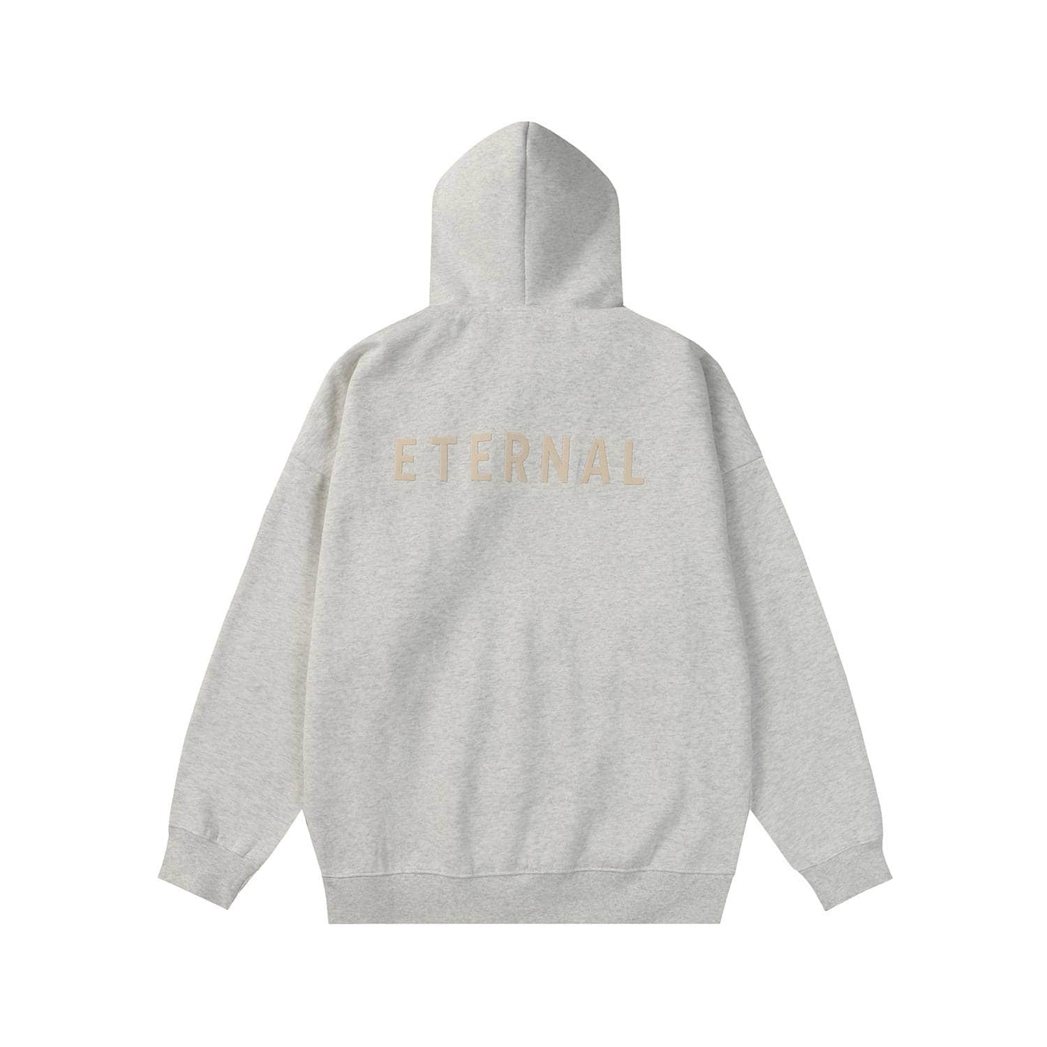Eternal hoodie with large back text design, perfect for K-pop fans. Soft grey fabric, cozy fit, ideal for casual wear or concerts, showcasing dedication to K-pop culture and fandom.