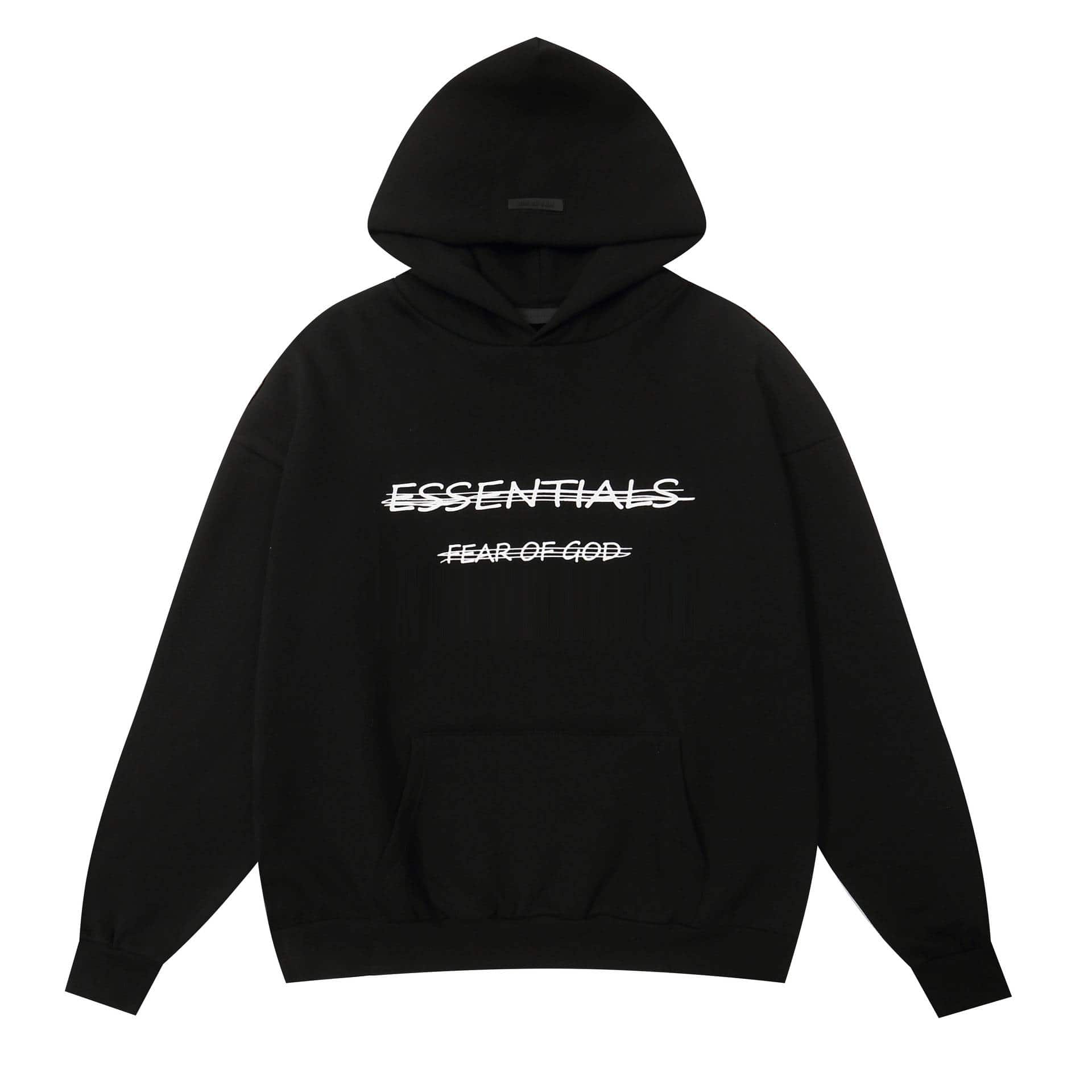 Essentials hoodie with white text and drawstrings, casual streetwear for fans of K-pop merchandise, black oversized hoodie with front pocket, minimalist design, popular among K-pop fans and streetwear enthusiasts.