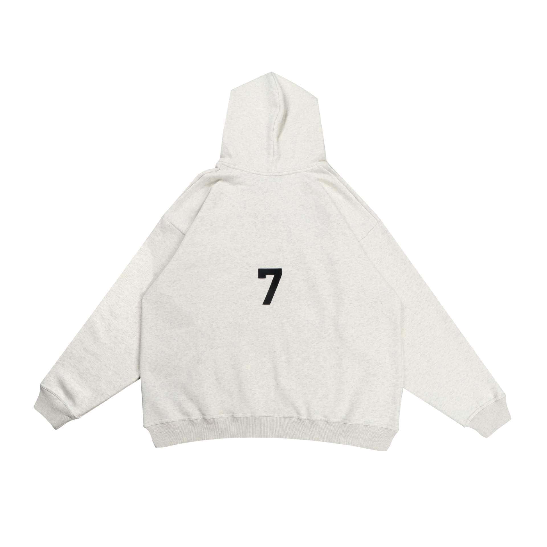 Hoodie with the number 7 printed on the back, perfect for K-pop fans, in a light grey color and comfortable fit.