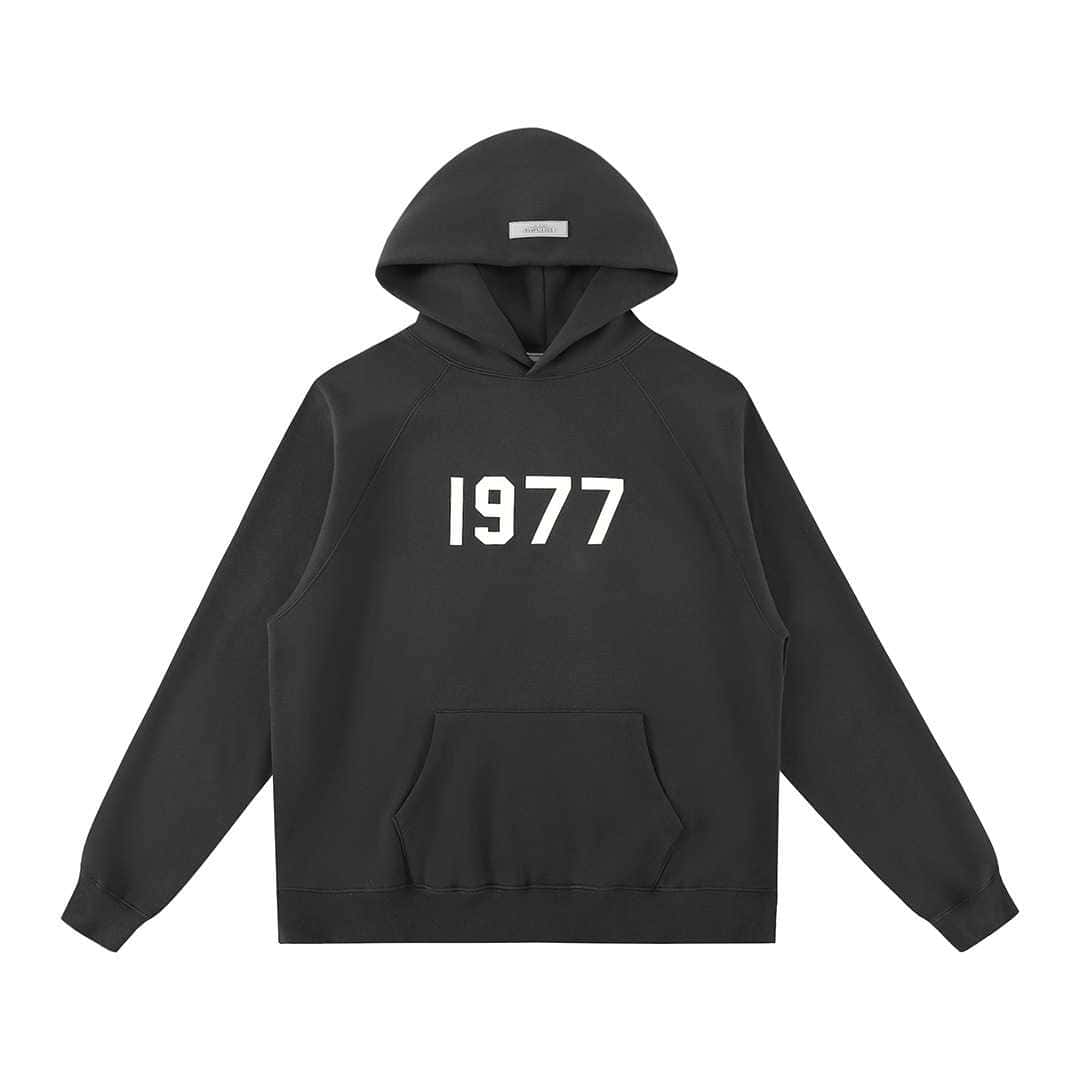 1977 black hoodie with white text, trendy K-pop merchandise, comfortable casual wear, perfect for fans of Korean pop music, stylish and of high quality.