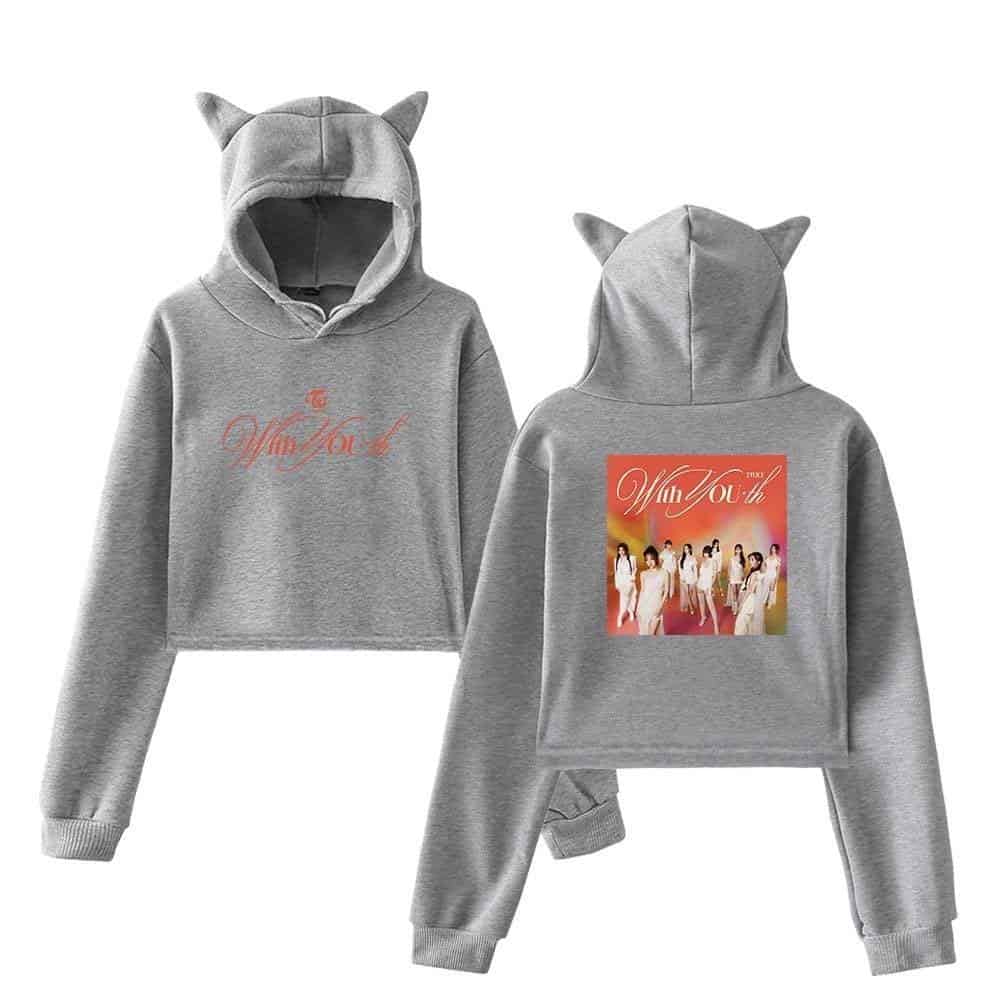 Matching kpop merchandise hoodie and jogger set with girl group graphic and "WmZoth" text, perfect for K-pop fans, comfortable casual wear, available in grey with cute animal ear hood.