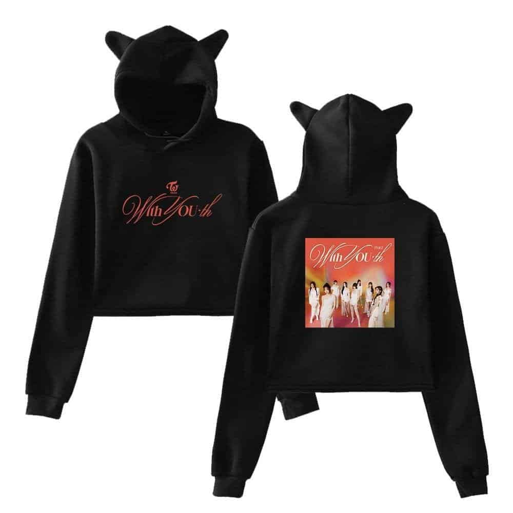 Black hoodie with cat ears and TWICE girl group design for K-pop merch.