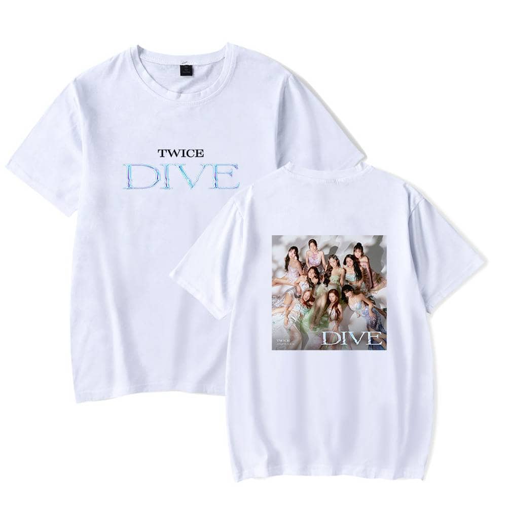 Dye TWICE K-pop merch t-shirts with group photo and logo, perfect for fans of the K-pop girl group TWICE. Soft white fabric featuring stylish and vibrant designs of the popular band.