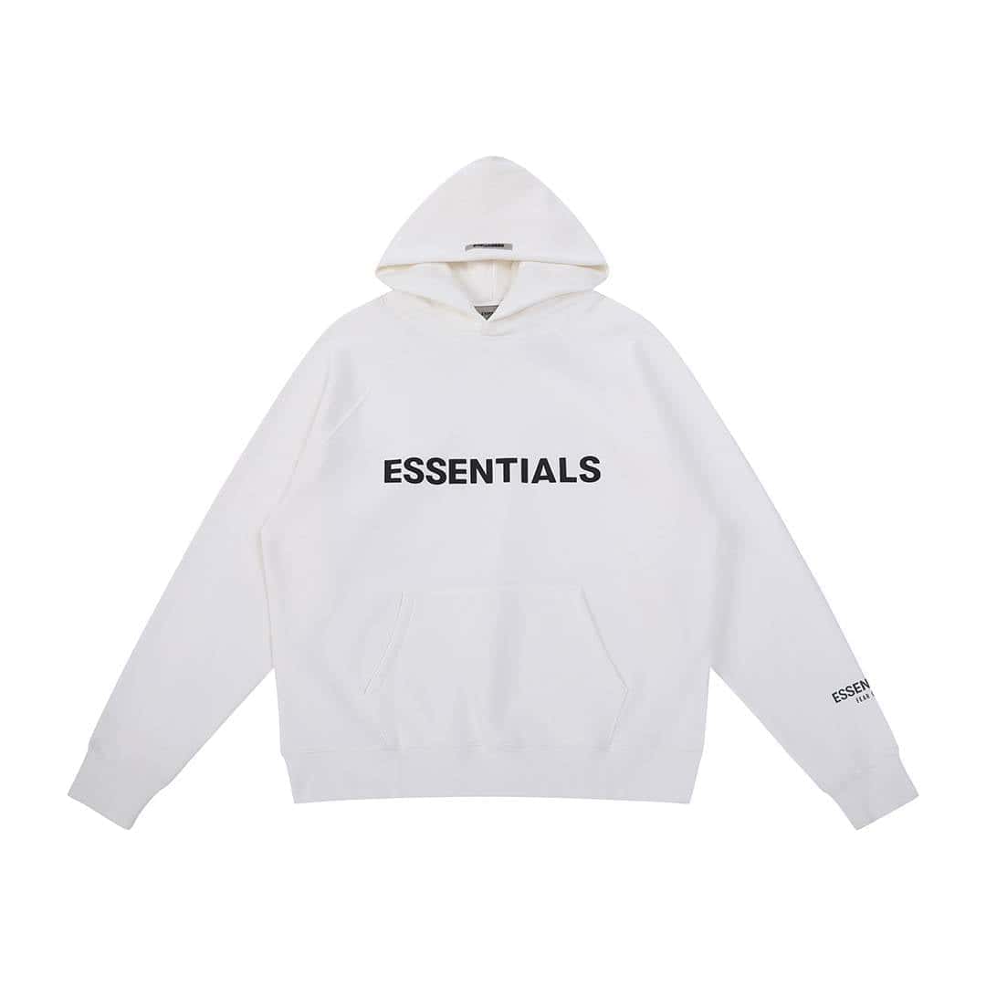 Hoodie with "ESSENTIALS" print in black, white hoodie, casual streetwear sweatshirt, minimalist fashion, K-pop merch, unisex hoodie for fans, trendy basics, comfortable and stylish apparel, hip-hop fashion, youth style.