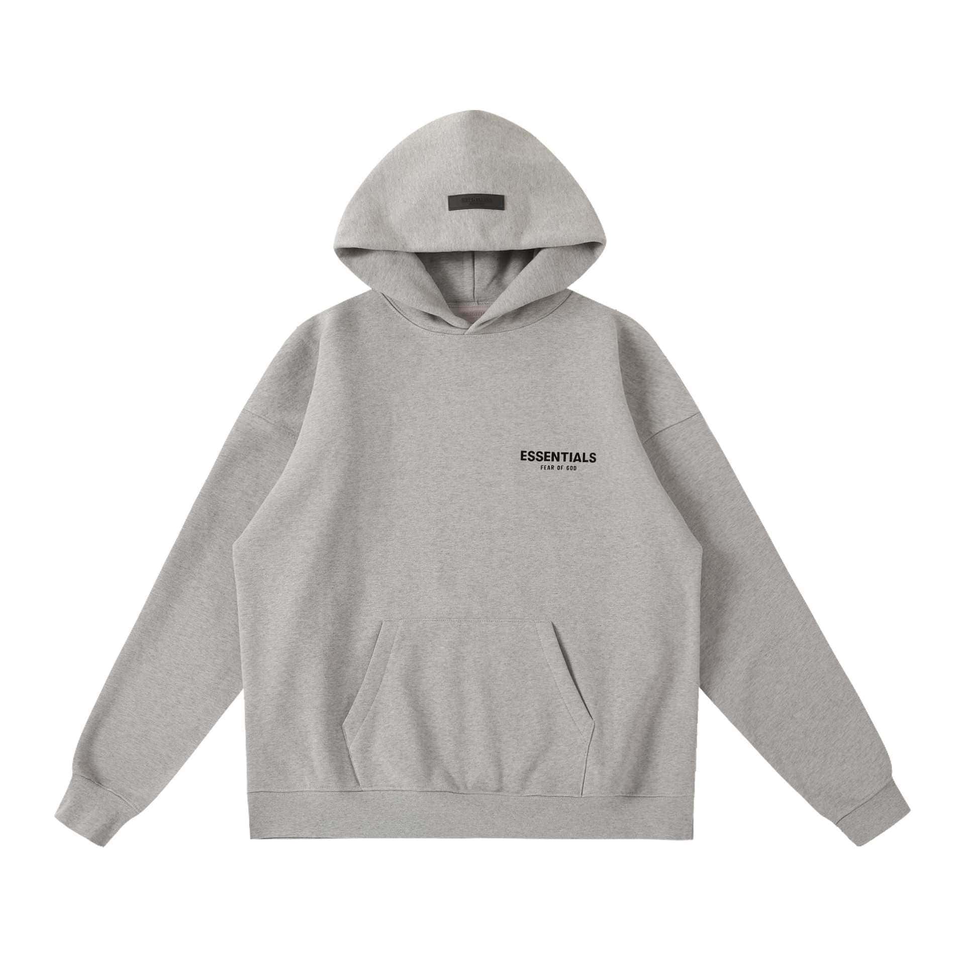 Blank gray hoodie with "ESSENTIALS" logo and "Fear of God" text, perfect for K-pop merch fans.