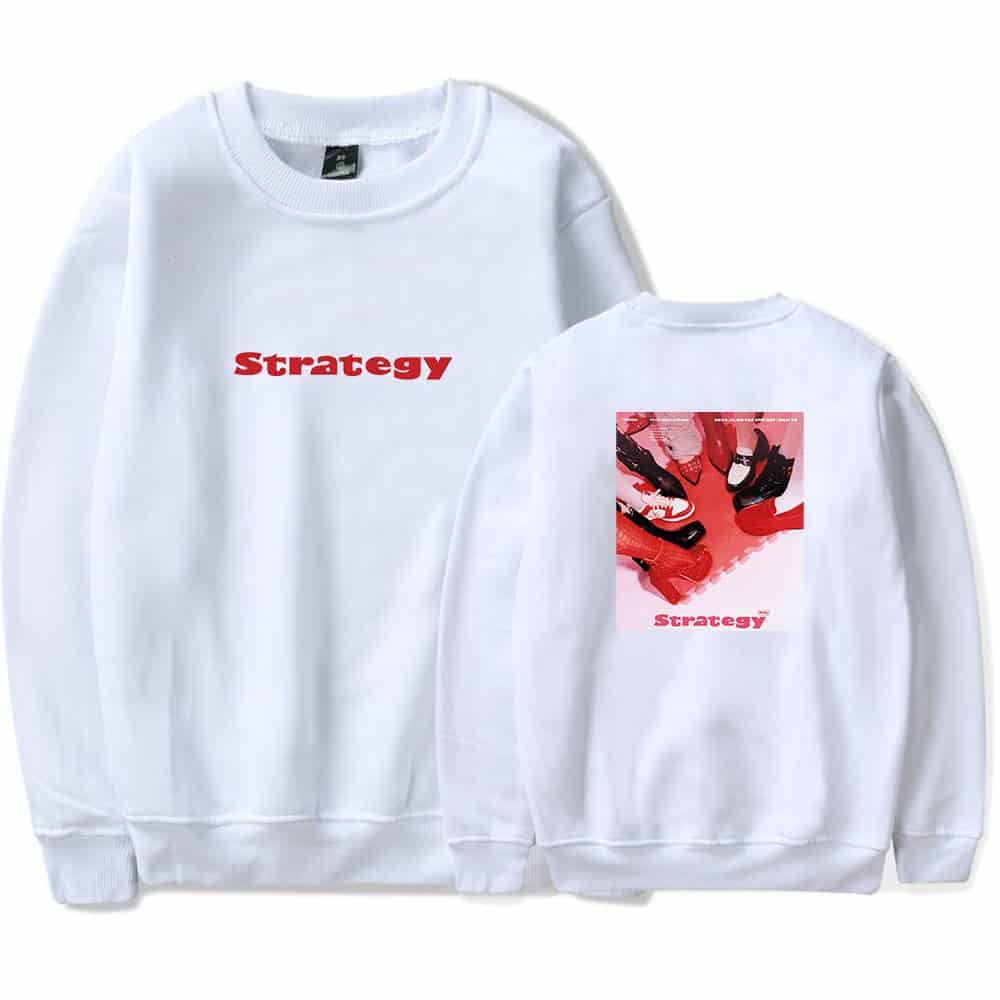 Strategy sweatshirt with red text and graphic design of sneakers on the back, ideal for K-pop merchandise fans.
