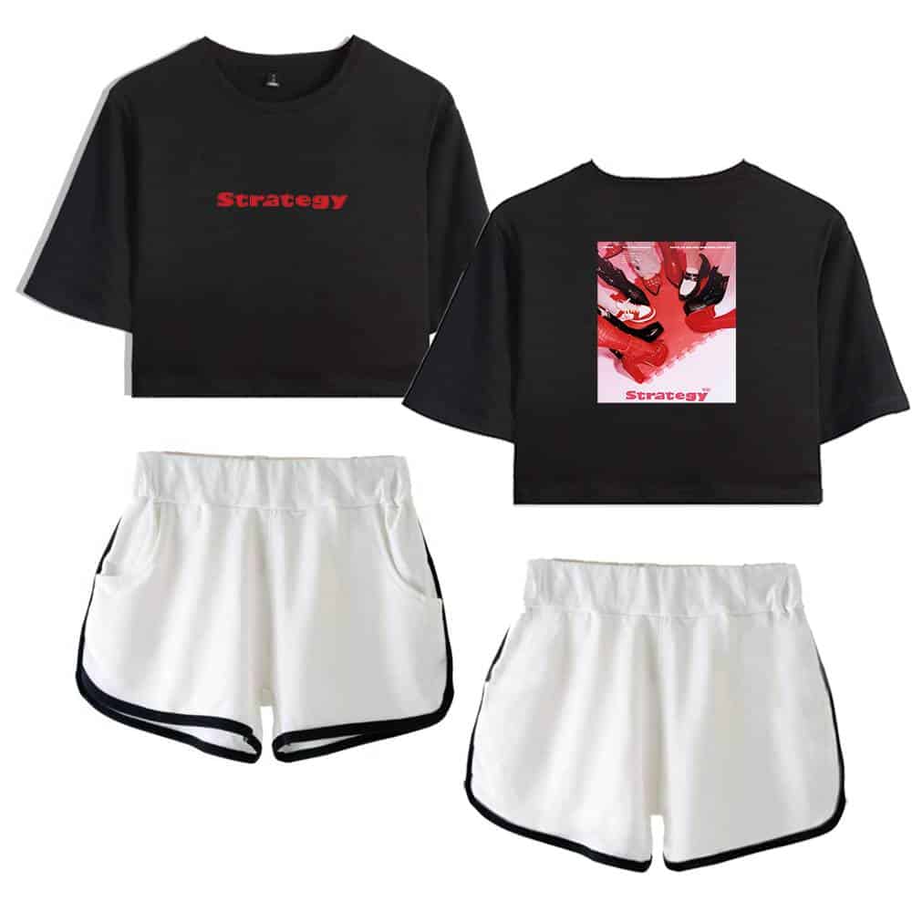 Black crop top with red "Strategy" text, white athletic shorts with black trim, and graphic t-shirt featuring sneakers and "Strategy" text in red, all showcasing trendy K-pop merchandise for fans.