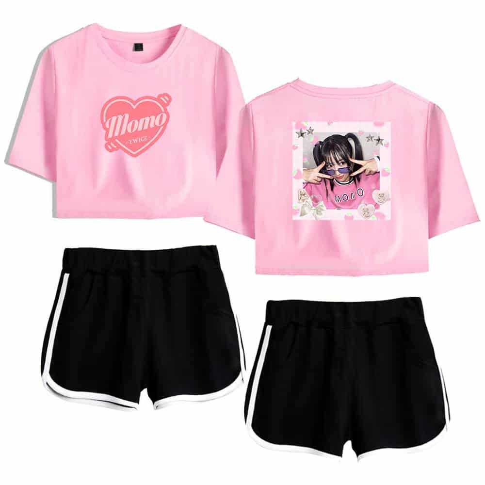 Momo twice pink t-shirt with graphic and shorts, kpop merchandise.