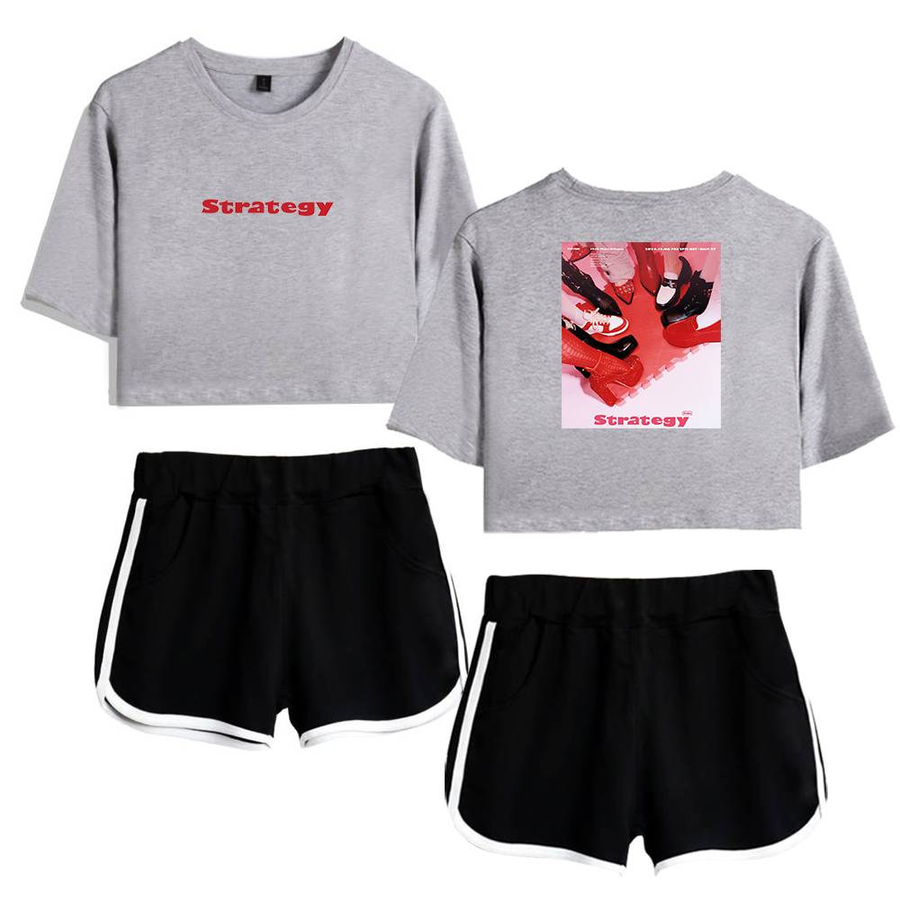 Graphic grey crop top with "Strategy" text and matching pair of shorts with white piping, perfect for K-pop merch fans.