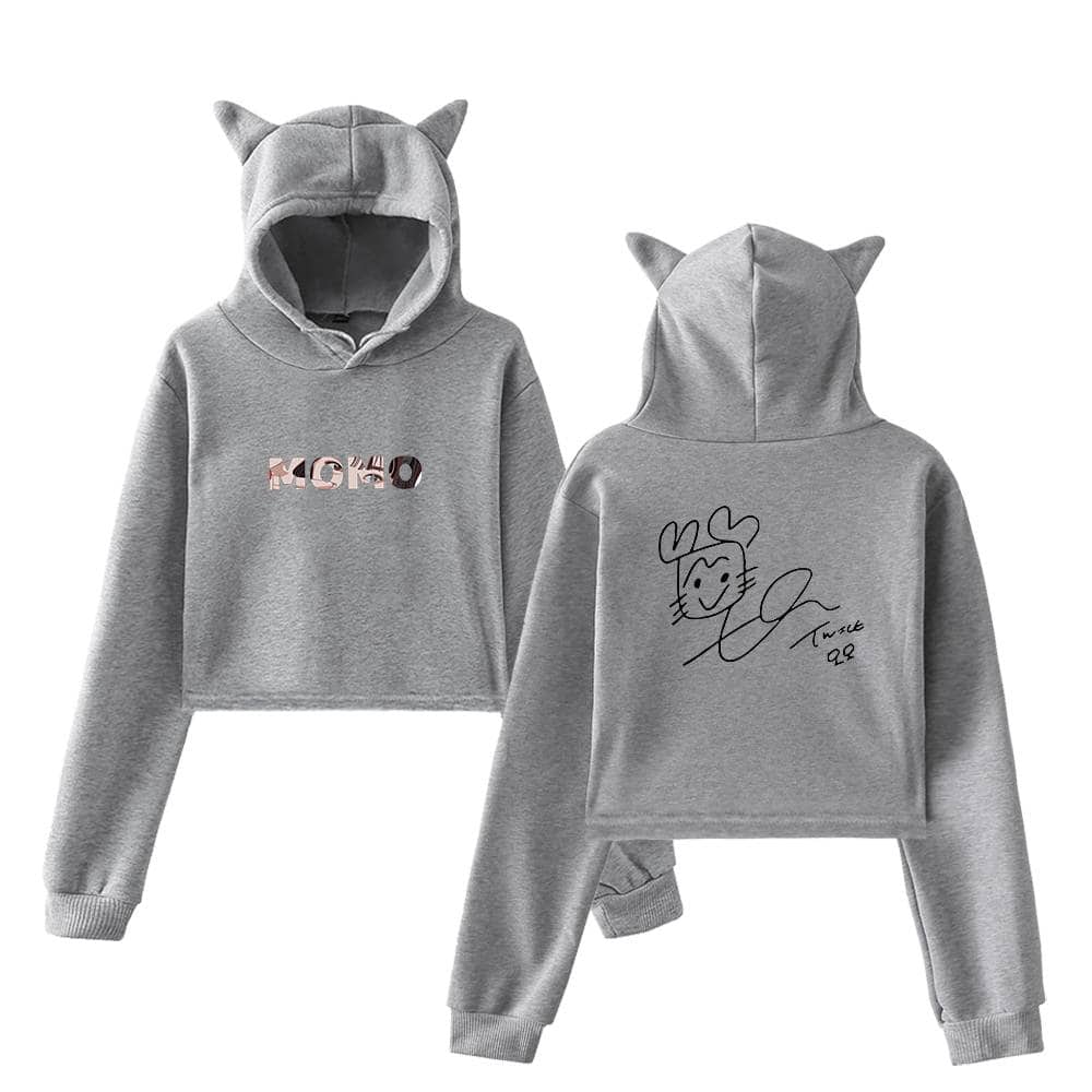 Hoodie set featuring BTS-inspired designs, including a cute cartoon cat face and "K-POP" graphic with a stylish, fun appeal, perfect for K-pop fans.