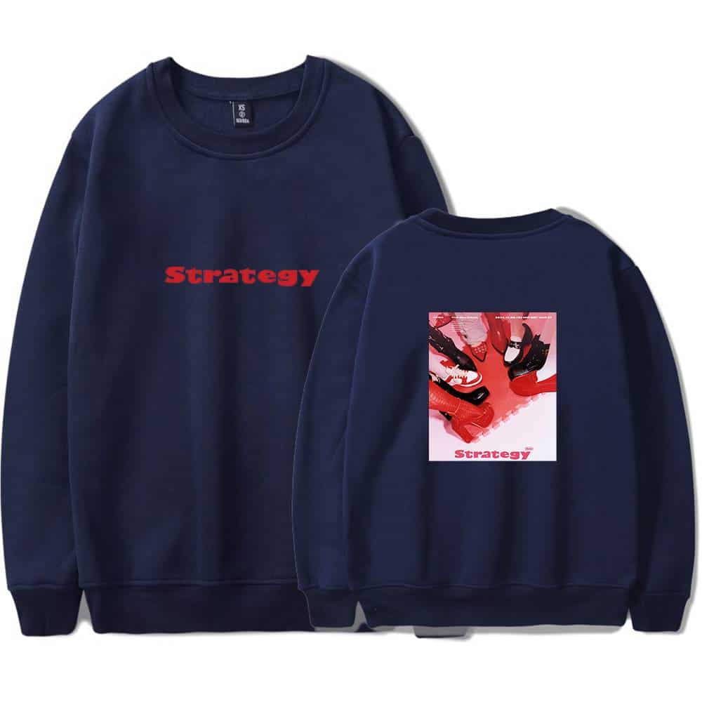 Strategy sweatshirt with bold red text and a graphic print of multiple high-heeled shoes on the back, perfect for K-pop fashion fans.