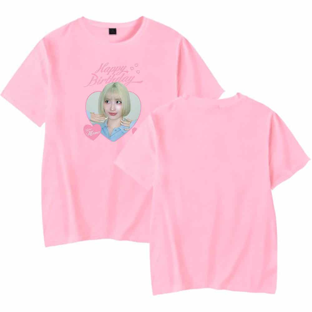 Pink kpop merch T-shirt with a cheerful birthday design and a photo of a smiling girl, perfect for K-pop fans, especially T-wice fans, to celebrate their favorite artist's special day.