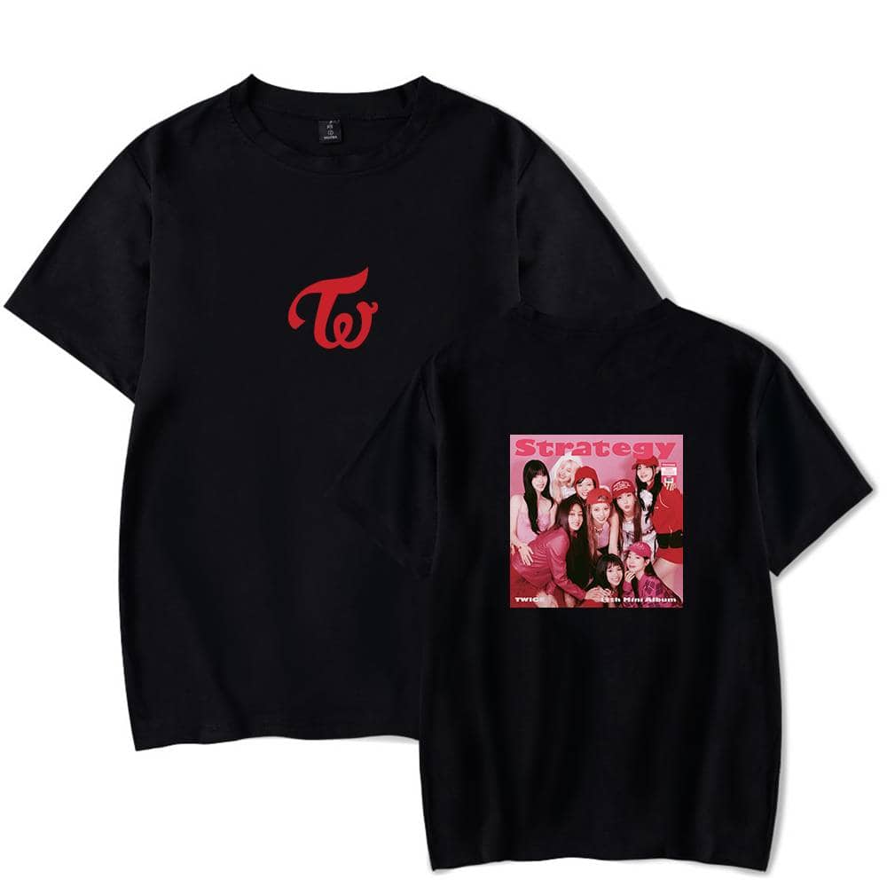 Twi kpop merch black t-shirt with TWICE logo and group photo design 2.