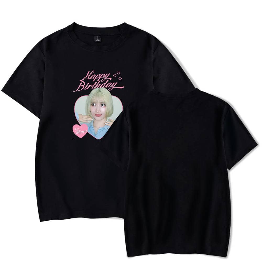 Happy Birthday Kpop Merch T-Shirt featuring a cute image of a female K-pop idol with pastel hair and pink text design. Perfect for fans celebrating birthdays.